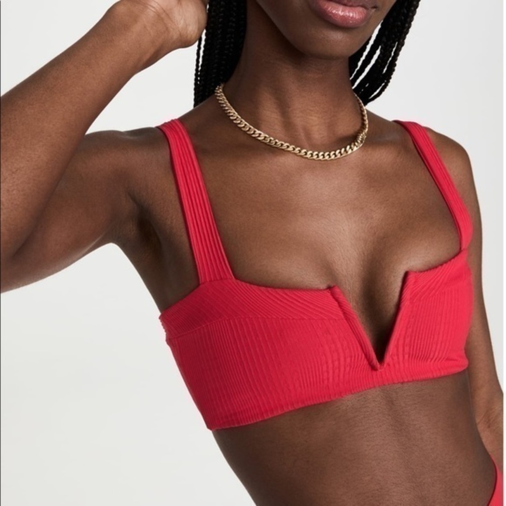 L*Space Lee Lee Solid Dark Red Ribbed V Notched Bikini Swim Top Size Medium